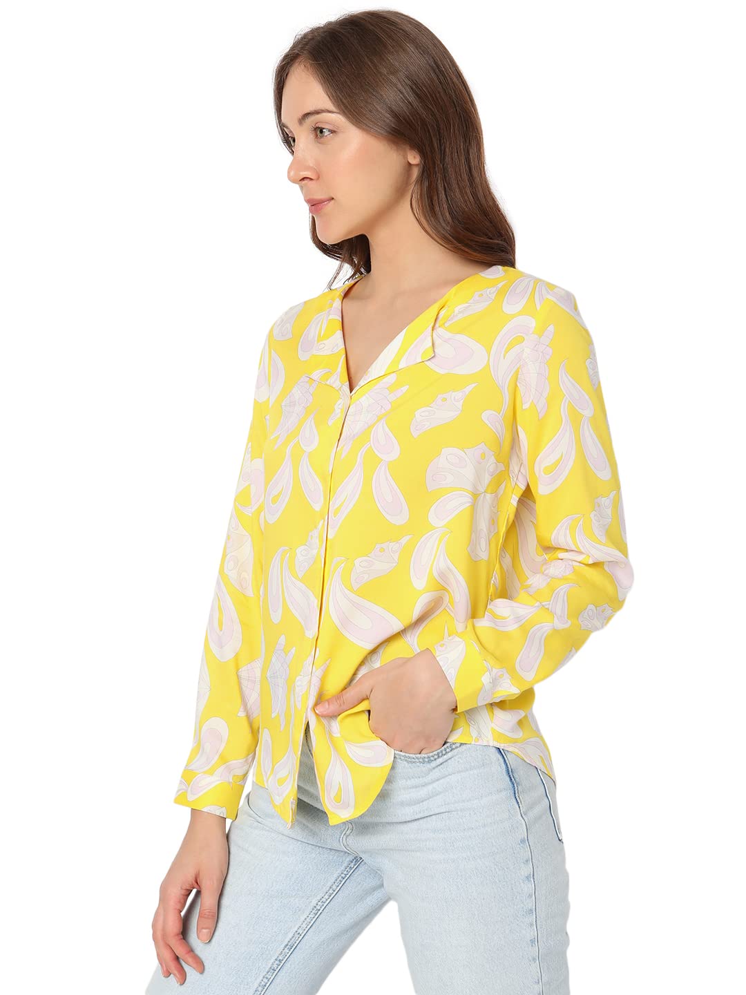 VERO MODA Women Polyester Regular Fit Printed V-Neck Top|Long Sleeves
