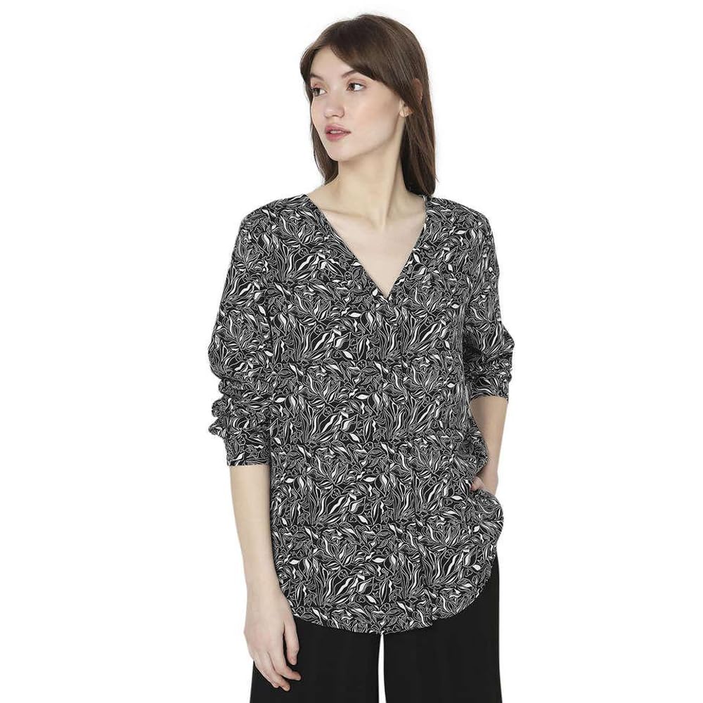 VERO MODA Women Polyester Regular Fit Printed V-Neck Top|Long Sleeves