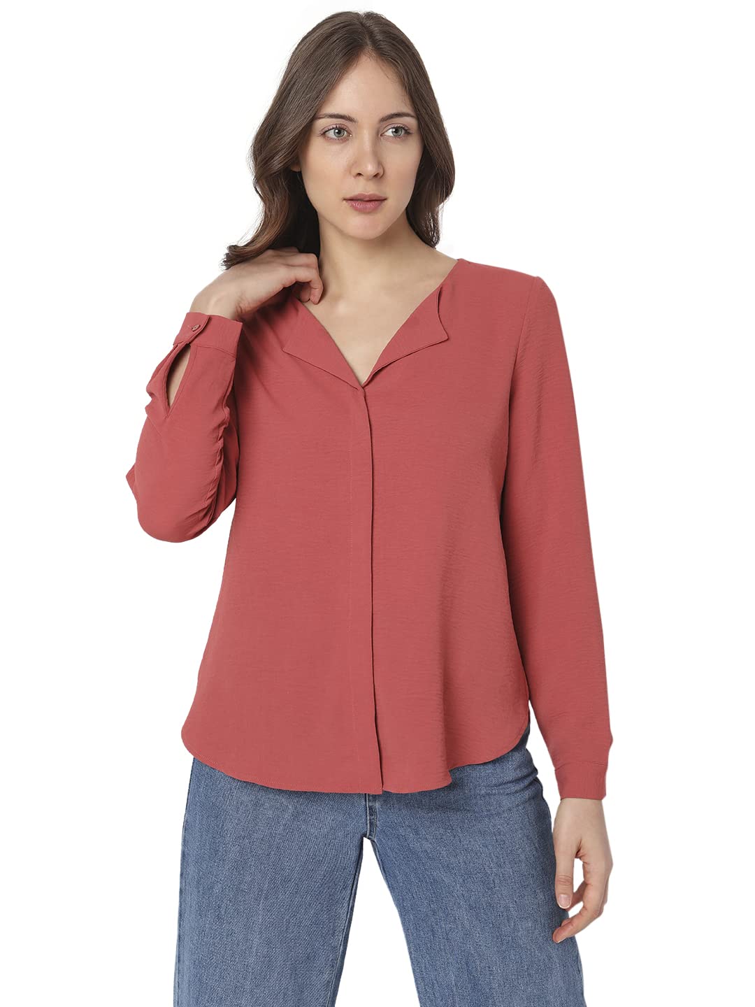 VERO MODA Women Polyester Regular Fit Printed V-Neck Top|Long Sleeves