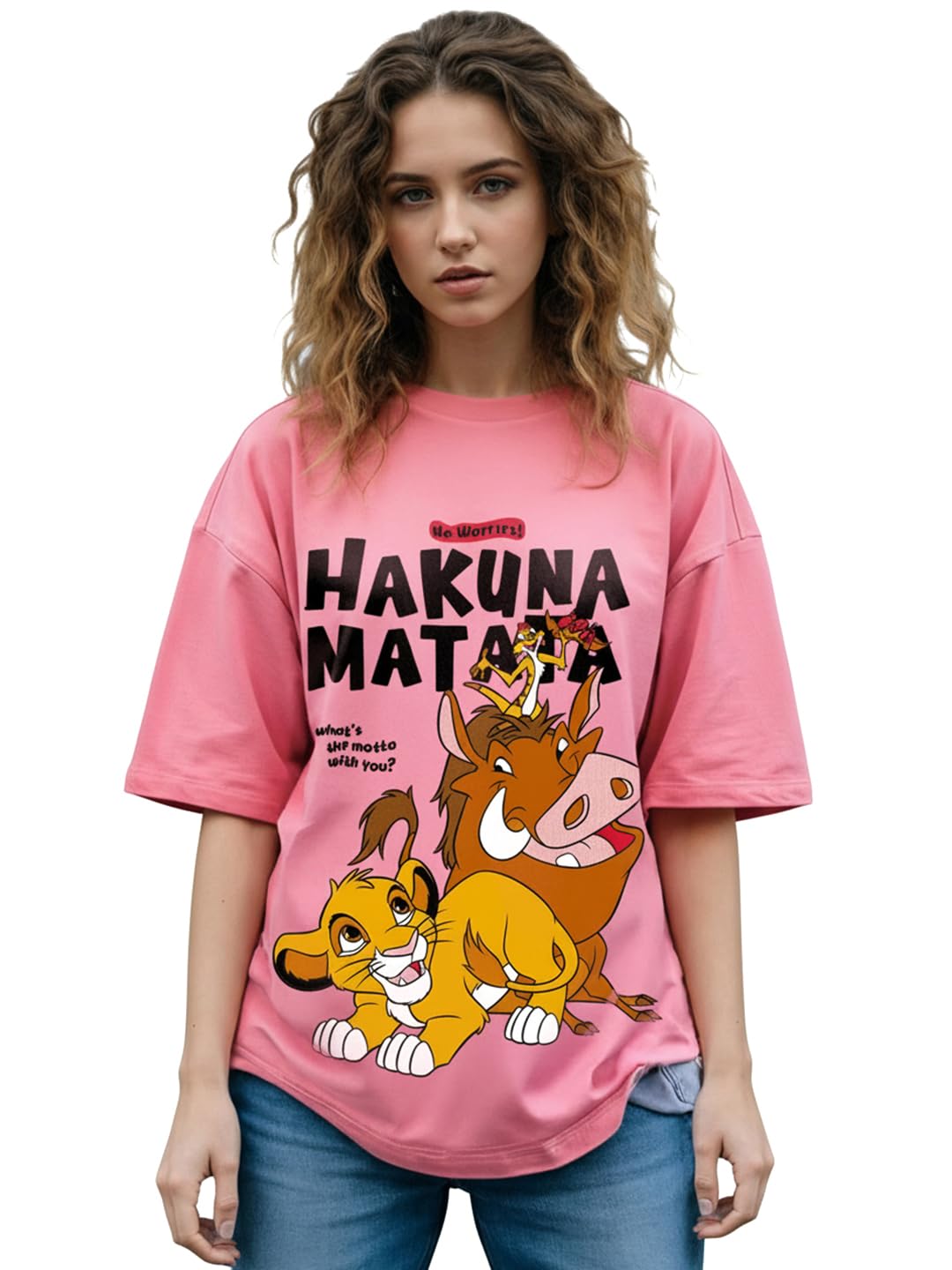Bewakoof Official Disney Merchandise Hakuna Matata Women's 100% Cotton Graphic Print Oversized Fit Round Neck T-Shirt