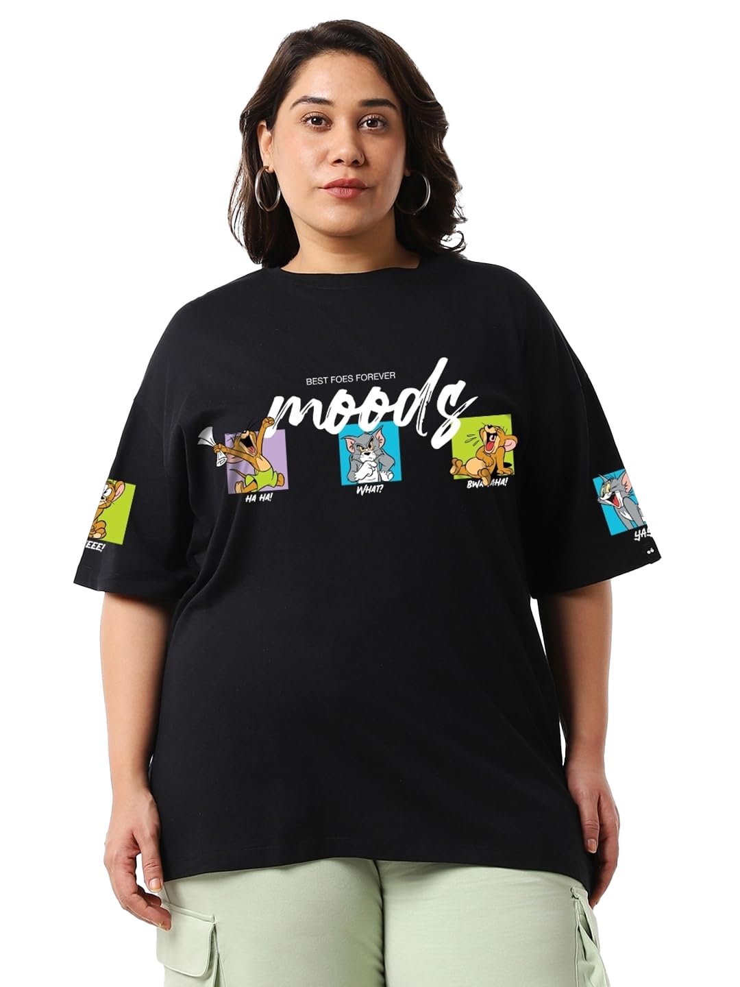 Bewakoof Official Garfield Merchandise Women's Graphic Printed Oversized Fit Half Sleeve Round Neck Cotton Jersey T-Shirt