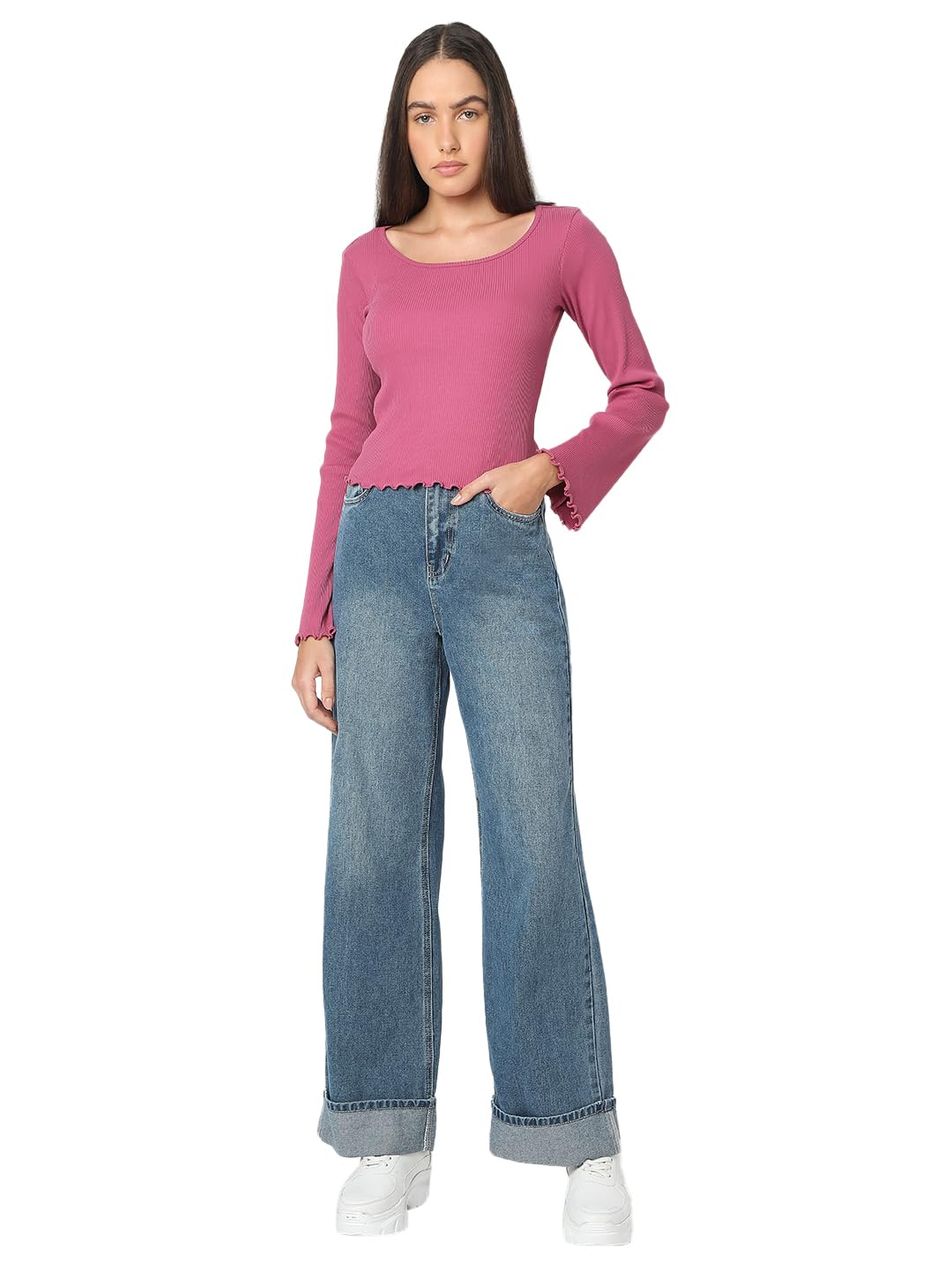 VERO MODA Women Cotton Solid Slim Fit Full Sleeves Top | Lettuce Hemline