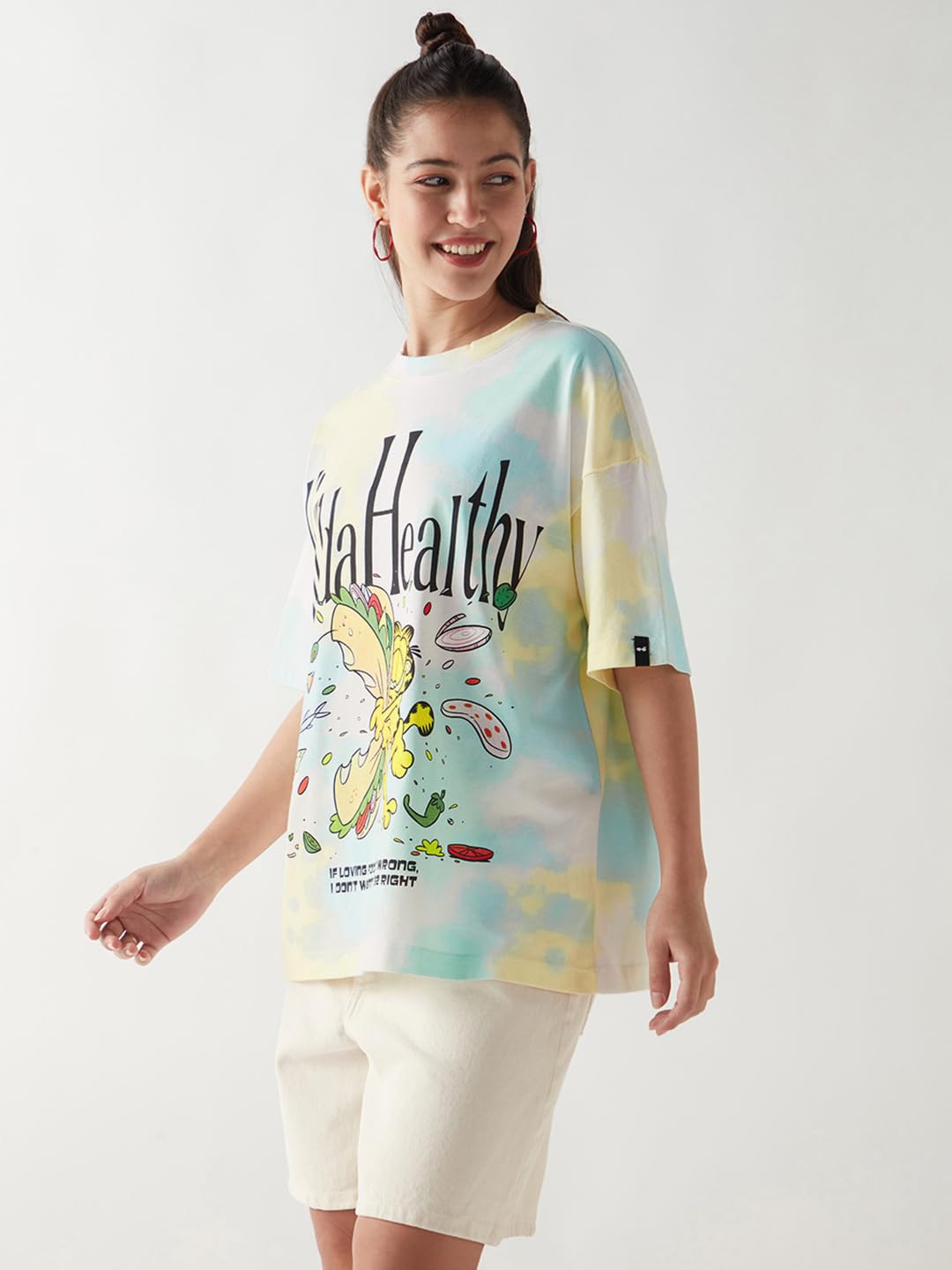 Bewakoof Official Garfield Merchandise Women's Graphic Printed Oversized Fit Half Sleeve Round Neck Cotton Jersey T-Shirt