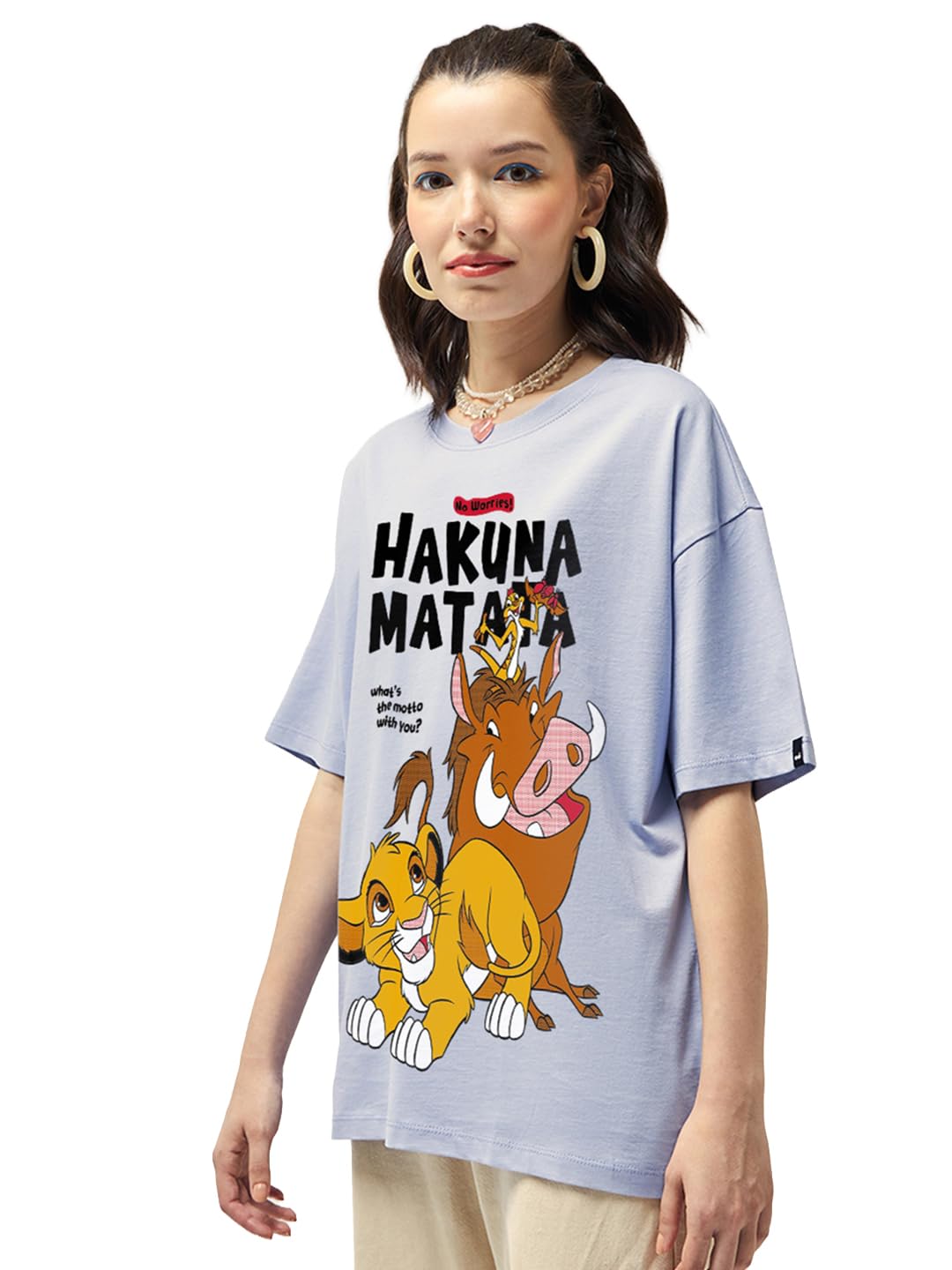 Bewakoof Official Disney Merchandise Hakuna Matata Women's 100% Cotton Graphic Print Oversized Fit Round Neck T-Shirt