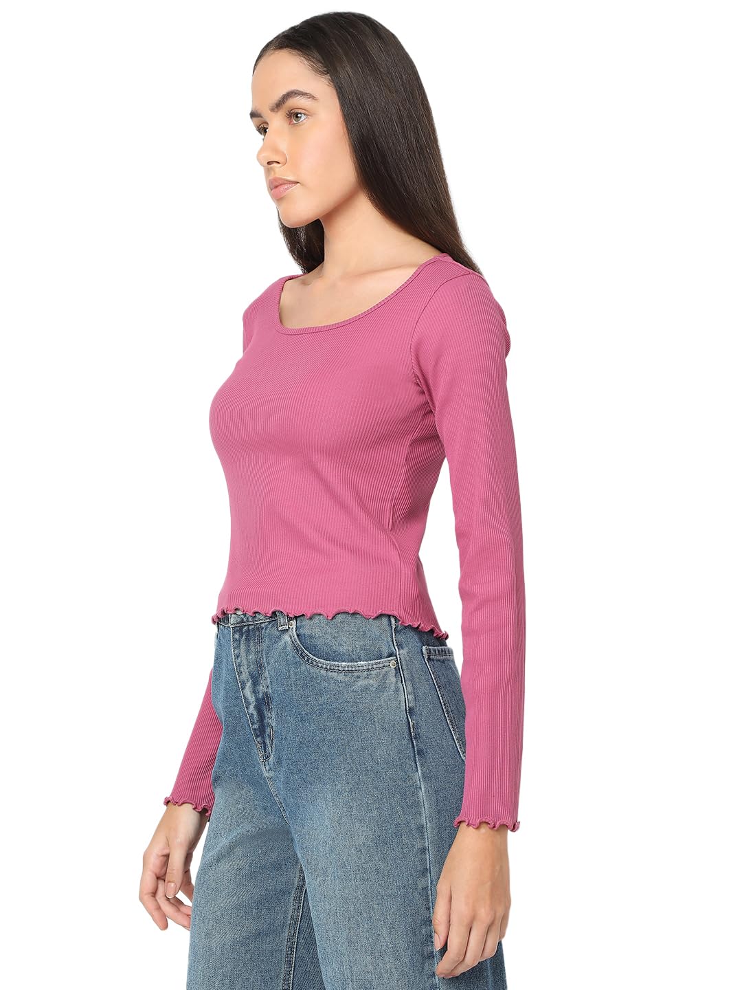 VERO MODA Women Cotton Solid Slim Fit Full Sleeves Top | Lettuce Hemline