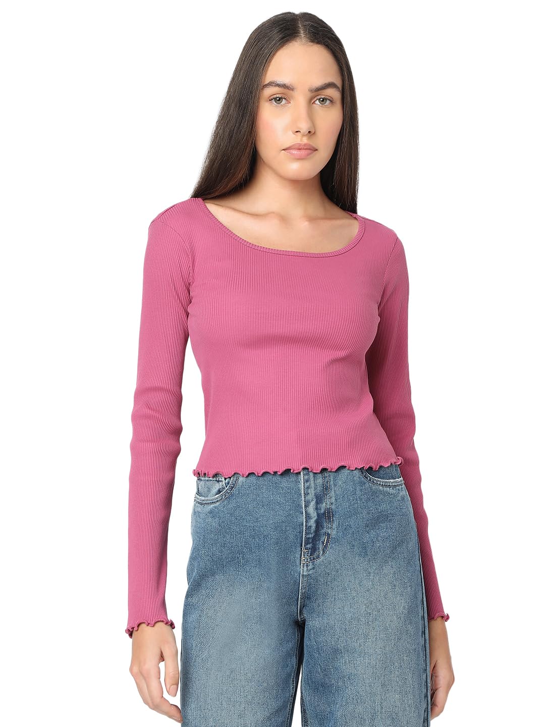 VERO MODA Women Cotton Solid Slim Fit Full Sleeves Top | Lettuce Hemline
