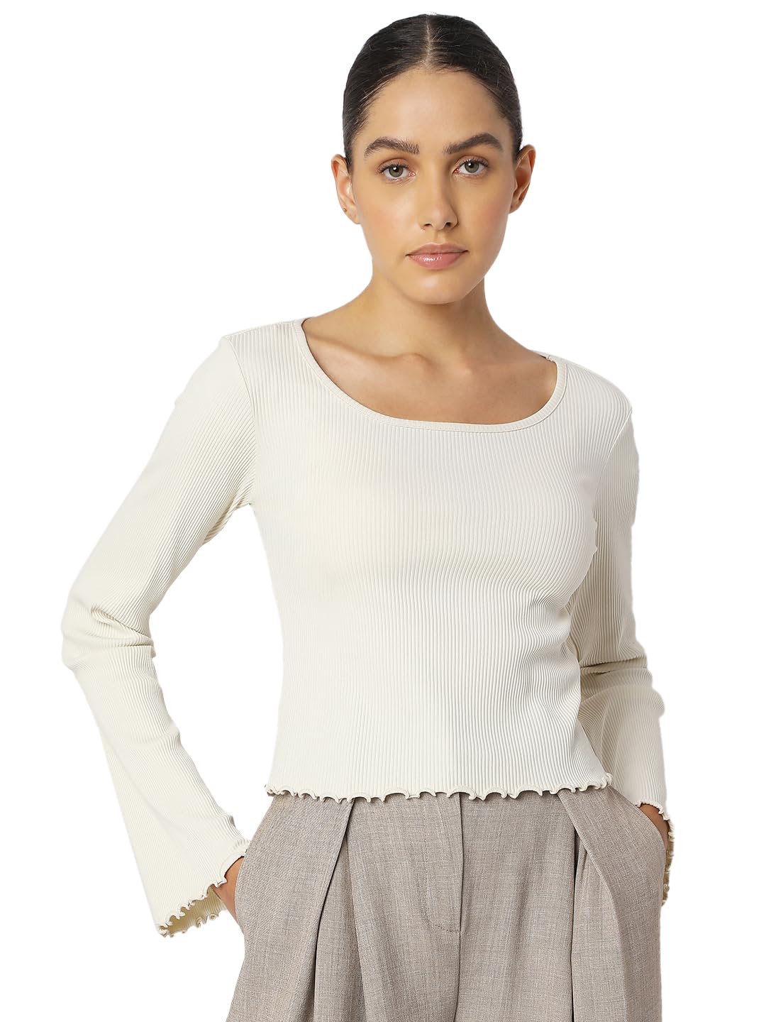 VERO MODA Women Cotton Solid Slim Fit Full Sleeves Top | Lettuce Hemline
